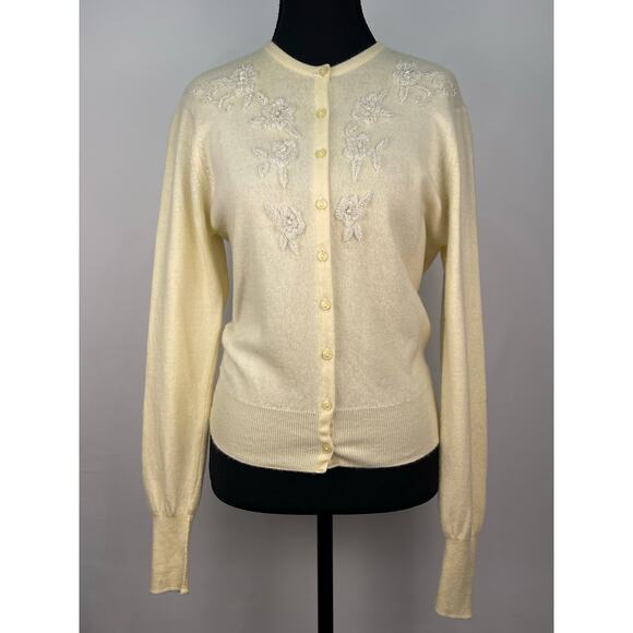 Pringle of Scotland Cream Cashmere Cardigan Beaded Floral Embellishments Sz S - Picture 1 of 11